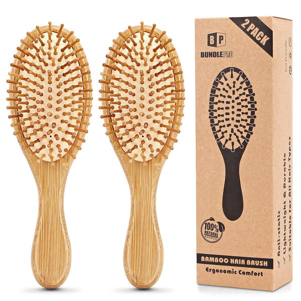 Pack of 2 Bamboo Hair Brushes, 100% Natural Eco-friendly Hair Brush with Bamboo Bristles, Massages Scalp Anti-Static Hair Detangle for All Types, Lightweight (Oval)