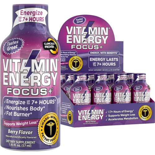 Vitamin Energy Focus+ Energy Drink Shot, Up to 7+ Hours of Energy, Berry, 1.93oz, 12 Count