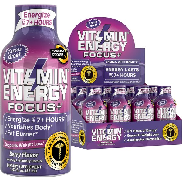 Vitamin Energy Focus+ Energy Drink Shot, Up to 7+ Hours of Energy, Berry, 1.93oz, 12 Count