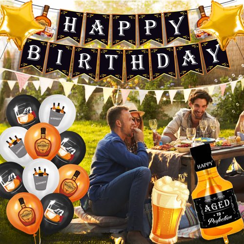 LXZColden 19 Pieces Whisky Balloons Kit Beers Themed Birthday Party Supplies for Aged to Perfection Party Supplies Oktoberfest Party Decorations, Gold Balck