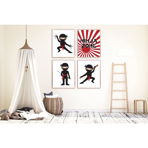 Ninja Zone Star Red White Black Wall Art Decor (Set of Four) Room Decoration
