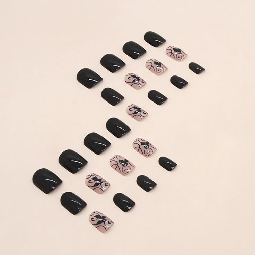 24Pcs Square Press on Nails Short Fake Nails Summer Stick on Nails Black Color False Nails with Butterfly and Vine Designs Cute Acrylic Nails Short Square Glue on Nails for Women & Girls
