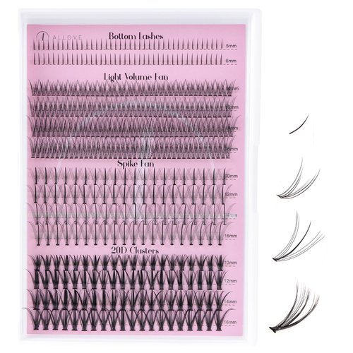 ALLOVE Lash Clusters Individual Lashes Multi-type Mixed DIY Lash Extensions with Bottom Lashes, 7D Spike Lash Clusters, Light Volume Fans, 20D Cluster Lashes for Self Application at Home