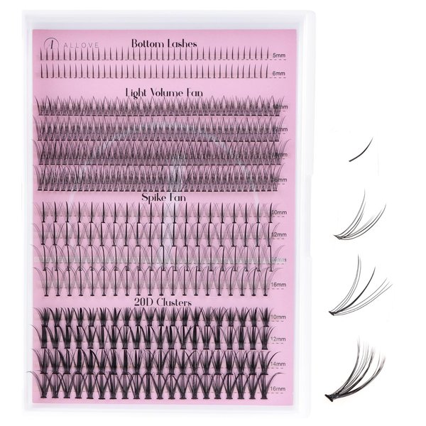 ALLOVE Lash Clusters Individual Lashes Multi-type Mixed DIY Lash Extensions with Bottom Lashes, 7D Spike Lash Clusters, Light Volume Fans, 20D Cluster Lashes for Self Application at Home
