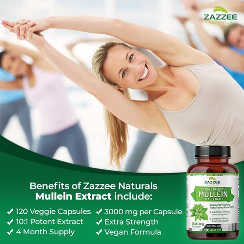Zazzee Extra Strength Mullein 10:1 Extract, 3000 mg Strength, 120 Vegan Capsules, 4 Month Supply, Concentrated and Standardized 10X Extract, 100% Pure Leaf Powder, All-Natural and Non-GMO