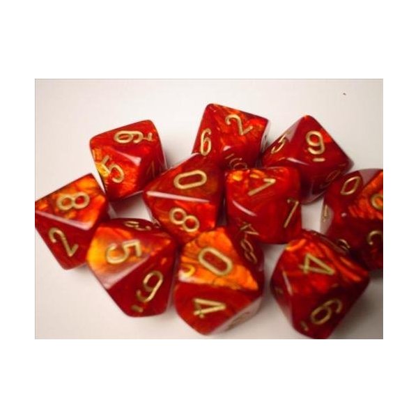 Chessex Dice Sets: Scarab Scarlet with Gold - Ten Sided Die d10 Set (10)