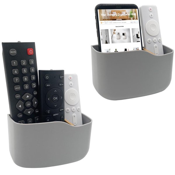 SUNFICON 2 Pack Adhesive Remote Control Holder Gray Wall Mount Media Player Controller Holder Universal TV Remote Organizer Caddy Box Tray Hollow Bottom Easy Phone Charging Home Office Desk Nightstand