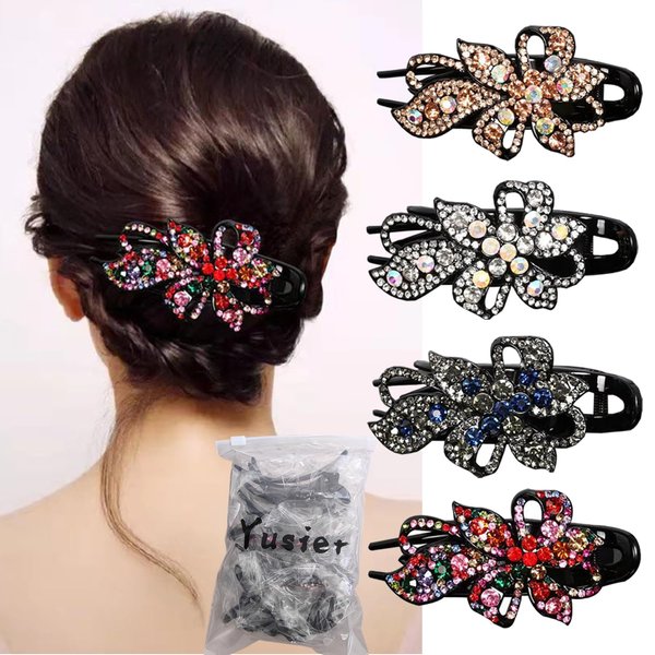 Yusier 4pcs Sparkling Rhinestone Duckbill Clips Decorative Hair Clips for Fine Hair Bling Crystal Prom Barrettes Diamond Hair Clips with Flower Hair Accessory (Floral)