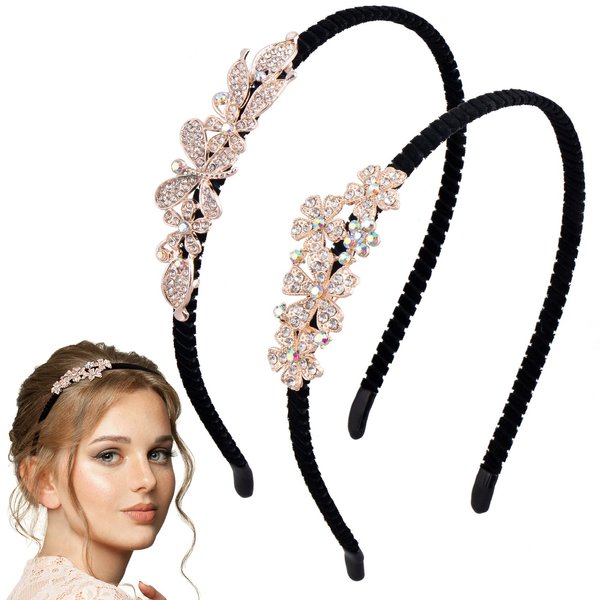 HINZIC 2PCS Crystal Hair Band Flowers Pearl Headbands Bling Diamond Dragonfly HairBand for Women Girl Silver Decals Hair Accessory Wedding Bride Christmas Gift
