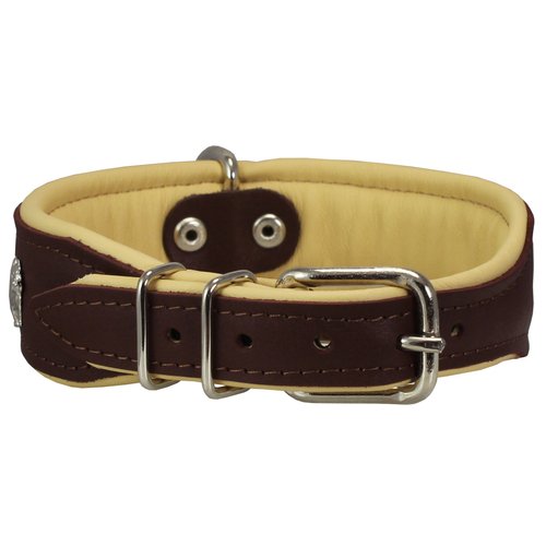 Real Leather Soft Leather Padded Dog Collar Bulldog (15"-17.5" Neck; 1.75" Wide, Brown/Beige)