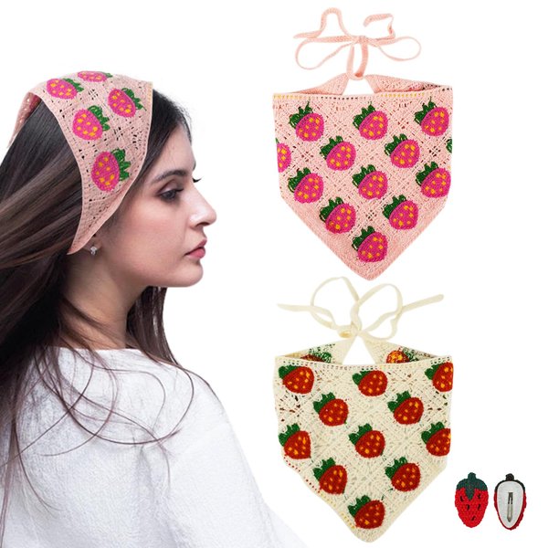 4 PCS Hair Bandanas for Women, Strawberry Head Scarf for Women's Hair with 2 Hair Clips, Knitted Cute Hair Accessories for Stylish Decor, Crochet Headband Hair Scarf for Girls(Pink and Beige)