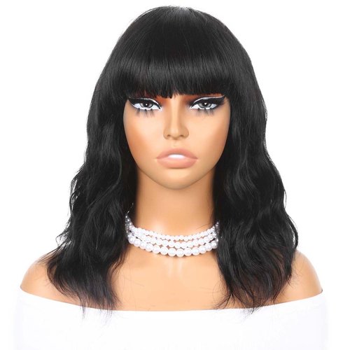 Lady Hanne Human Hair Wigs Natural Wave Human Hair Wig with Bangs for Black Women 14 inches None Lace Front Wear and Go Glueless Human Hair Wig