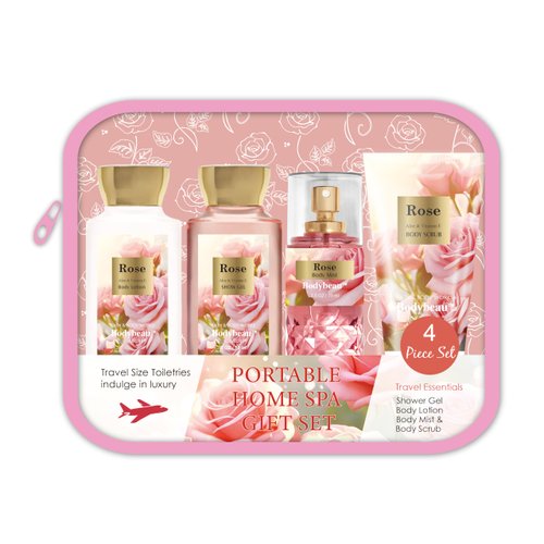Bodybeau Bath and Body Gift Set for Women & Girls, Rose 4PCS Set for - Shower Gel, Body Lotion, Body Mist, Exfoliating Scrub, Personal Portable Body Care Travel Set, Mothers Day Gifts