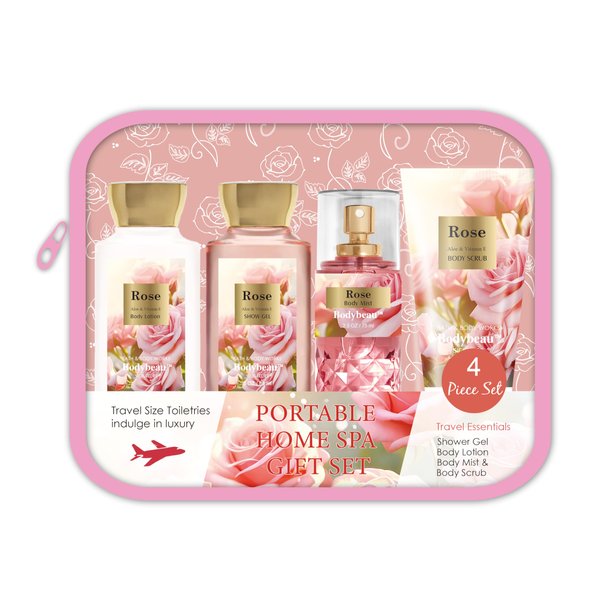 Bodybeau Bath and Body Gift Set for Women & Girls, Rose 4PCS Set for - Shower Gel, Body Lotion, Body Mist, Exfoliating Scrub, Personal Portable Body Care Travel Set, Mothers Day Gifts