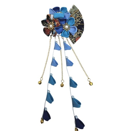 CRB Fashion Womens Girls Kimono Traditional Tsumami Kanzashi Outfit Wedding Japanese Asian Yukata Hair Tie Flower Floral Fan Barrette Clip (Blue II)
