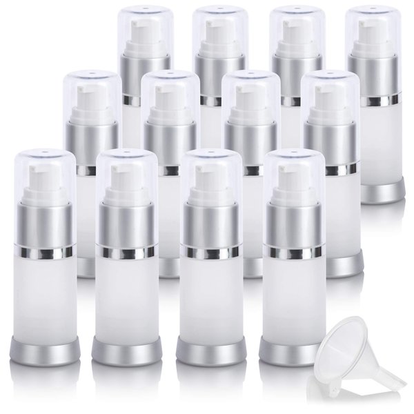 JUVITUS 15 ml / 0.50 oz Empty Frosted Airless Acrylic Foundation Bottle with Clear Cap + Funnel (12 PACK)