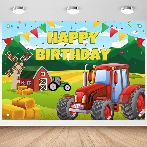 Avezano Tractor Birthday Backdrop for Kids Farm Red Barn Tractor Birthday Party Decorations Banner Farm Themed Backdrop for Children's Birthday Party (7x5ft)