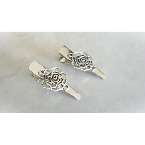 2 small silver rose flower metal alligator hair clip for fine thin hair