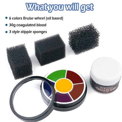 Bowitzki Halloween Makeup SFX Starter Kit-6 Color Oil Based Face Paint Bruise Wheel,3 Stipple Sponges,Stage Blood,Perfect for Party Cosplay Stage & Wound Theatrical Makeup (Bruise Makeup Kit)