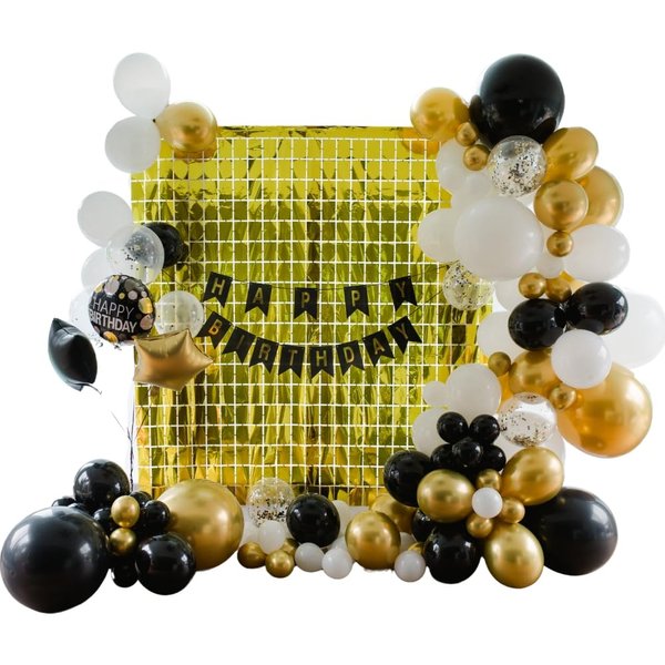 Black Gold White Confetti Balloons Garland Kit 112pcs 3 sizes 2 Foil Fringe Back drop Birthday Party Wedding Graduation Holiday Celebrating clear latex with black gold confetti dots 12 accessories