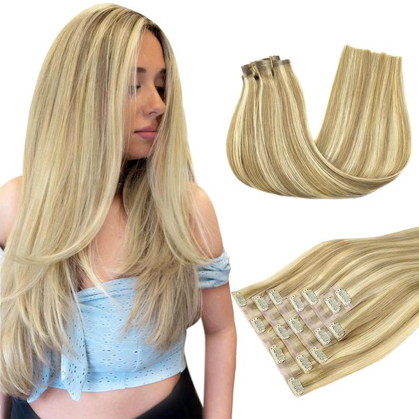 DOORES Hair Extensions Seamless Clip in Real Human Hair, Light Blonde Highlighted Golden Blonde 24 Inch 120g 7pcs, Human Hair Extensions Skin Weft Remy Straight Hair Invisi Edge Hair Extensions
