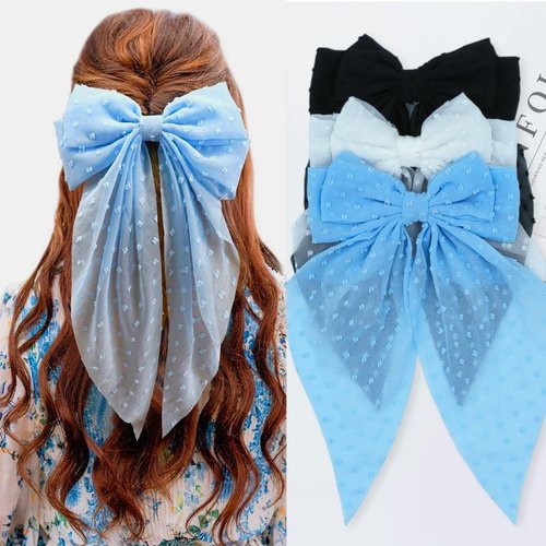 GOORAIFU Hair Bows for Women, 3pcs Black White Blue Hair Clips Girls, Hair Barrettes with Long Tail Chiffon Ribbons Cute Hair Accessories