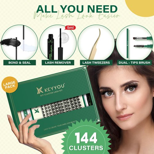 DIY Lash Extension Kit KEYYOU 144pcs Lash Clusters Eyelash Extension Kit with Mascara Brush Bond and Seal Lash Glue Remover Lash Applicators Lash Brush Clean Pad for DIY Lash Extensions (Y01 Kit)