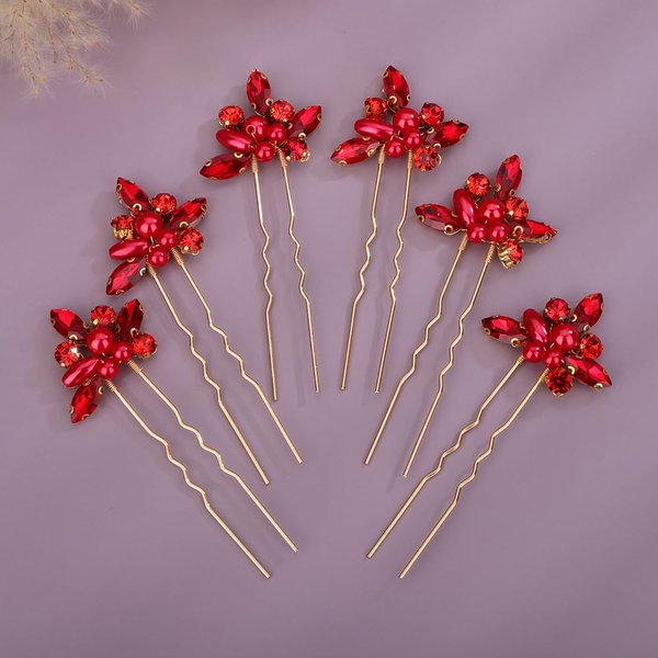 Teyglen 6pcs Crystal Pearl Bridal Hair Pins Red Rhinestone Wedding Hair Pins Clips Set Handmade Rhinestone Hair Piece Decorative Hair Accessories for Women Bride Girls (Red)