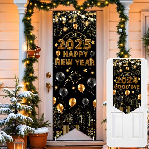 2025 Happy New Year Door Cover Black and Gold Happy New Year 2025 Door Banner 2025 New Year Party Decorations New Year Eve Party Supplies Double Sided 2024 Good Bye Banner Backdrop for Indoor Outdoor