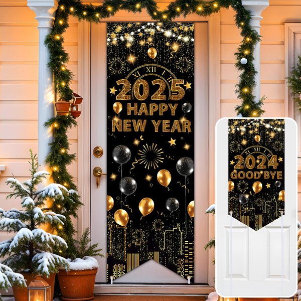 2025 Happy New Year Door Cover Black and Gold Happy New Year 2025 Door Banner 2025 New Year Party Decorations New Year Eve Party Supplies Double Sided 2024 Good Bye Banner Backdrop for Indoor Outdoor