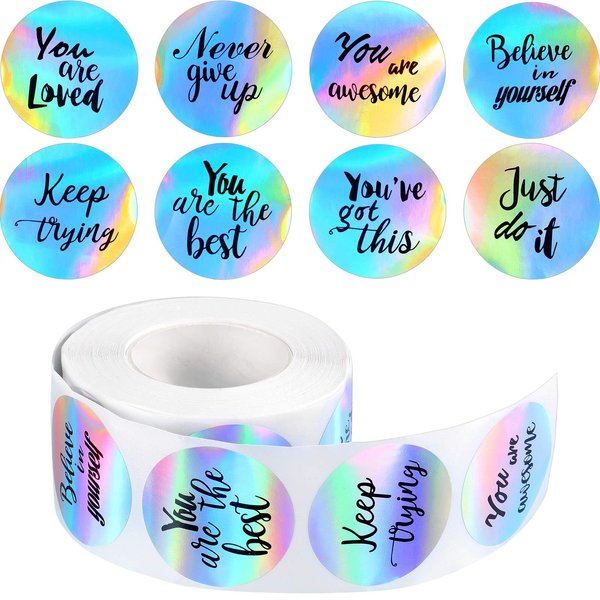 500 Pieces Laser Inspirational Words Stickers Motivational Quote Stickers Inspiring Planner Stickers Holographic Rainbow Encouraging Stickers Round Label Sticker for Book Phone Car Scrapbook, 1.5 Inch