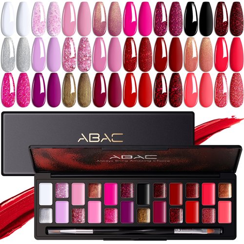 ABAC Solid Gel Polish Set 24 color,Hema-free Glitter Pink Red Gel Polish Kit,Burgundy Red Gel Polish Kit,Nail Kit with Double-Ended Nail Art Brush Soak Off LED Nail Kit Manicure DIY Home