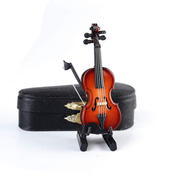 Dselvgvu Wooden Miniature Violin with Stand,Bow and Case Mini Musical Instrument Miniature Dollhouse Model Ornament Home Decoration (3.15"x1.18"x0.59")