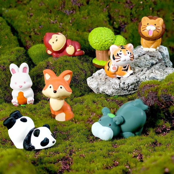 Hiawbon 8PCS Miniature Jungle Animal Figurines, Safari Jungle Animal Cake Topper, Resin Tiger, Lion, Fox, Rabbit, Hippo, Monkey and Panda Forest Animals Figures for Fairy Garden Micro Landscape Gift