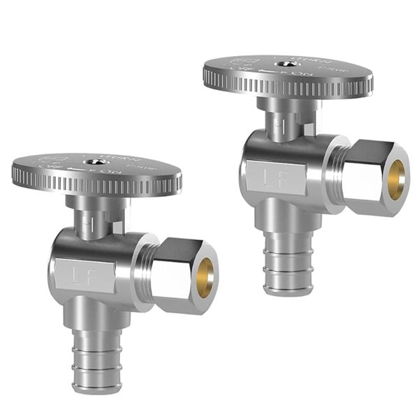 Hourleey 2 Pack Angle Stop Valve, Water Shut Off Valve 1/2" PEX x 3/8" OD Compression, Quarter Turn Chrome Plated Brass Valve
