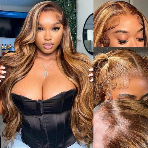 oisiyu Highlight Lace Front Wig Human Hair 13x4 Body Wave HD Lace Front Wigs Human Hair Pre Plucked 4/27 Ombre Honey Blonde HD Lace Frontal Glueless Wigs For Women 180% Density 26 Inch Super Soft