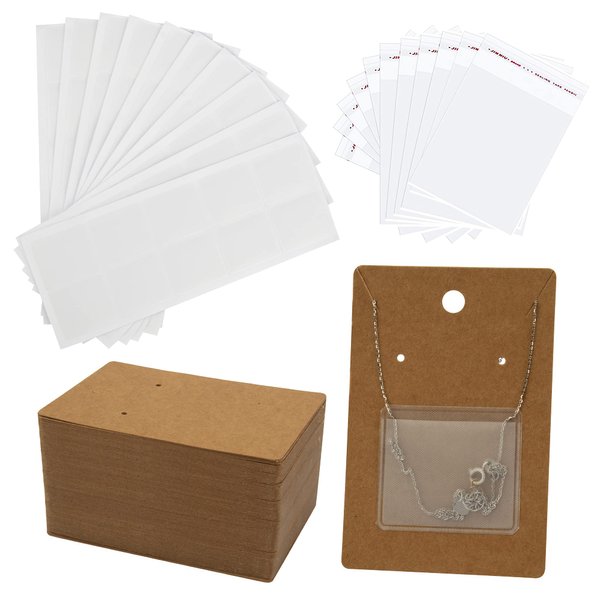 Temlum 100 Pcs Jewelry Display Cards with 100 Pcs Adhesive Pouches & Clear Bags, Necklace Earring Card Holders for Selling Jewelry Packaging Supplies (Brown)