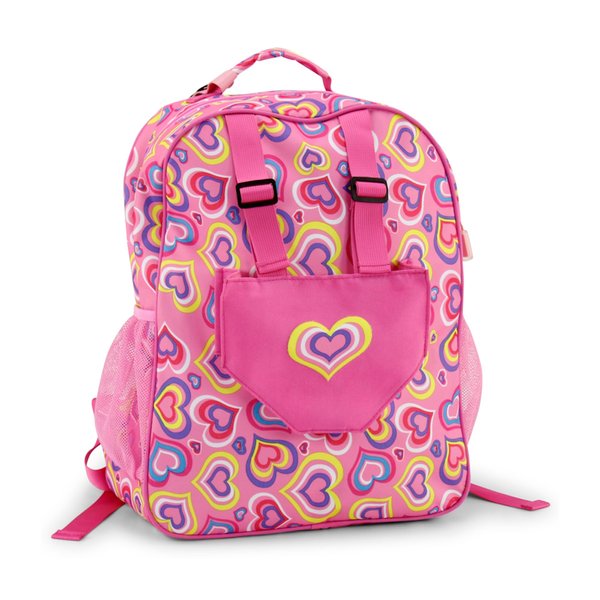 Emily Rose Kids Daypack Overnight Backpack | 18" Doll Unique Travel Carrier | Includes Carry Pouch for Baby Dolls/Stuffed Animals | Little Girls Back Pack for Travel and Sleepovers! (Playful Hearts)
