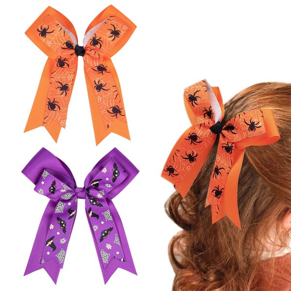 2 Pcs Halloween Hair Bow Clips Spider Web Bat Hair Clips Long Orange Purple Ribbon Hair Bow Alligator Barrettes Halloween Hair Accessories Hairgrips for Halloween Party Decoration