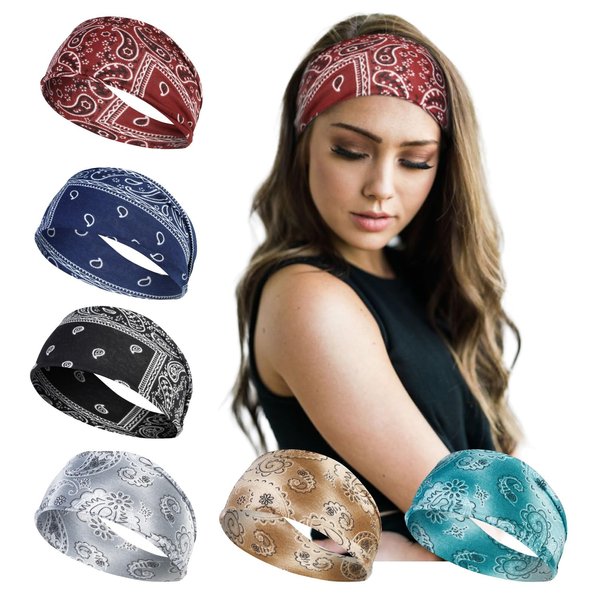 TERSE Bandana Headbands for Women Boho Non Slip Headband for Women Short Hair Elastic Sweat Bands Headbands Soft Hair Bands Workout Yoga Running Sport Wide Head Bands, Paisely Women Headbands Fashion