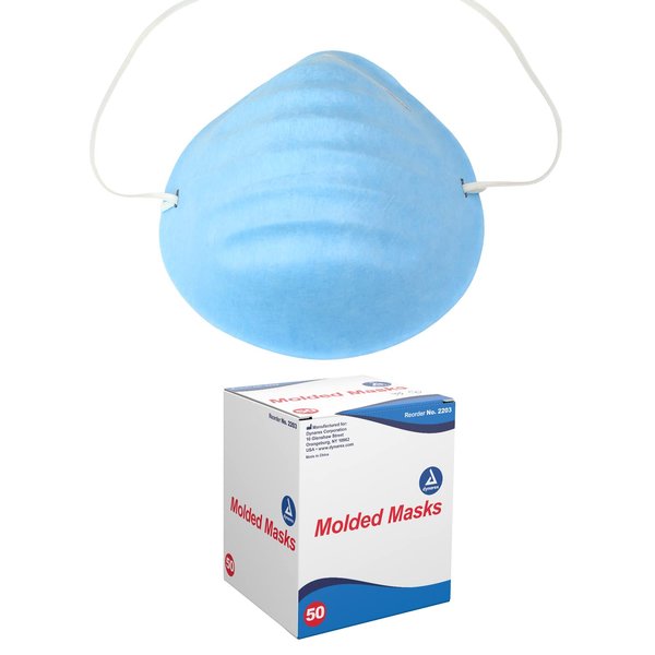 Dynarex Molded Face Mask, Fiberglass-Free, Breathable, Soft Flared Edges, Fits Facial Contours, Covers Mouth and Nose, Adjustable, Blue, 1 Box of 50 Molded Face Masks
