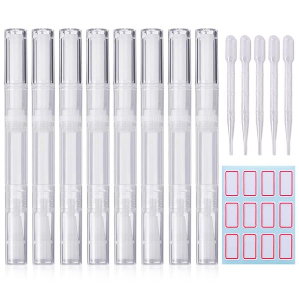 8 PCS Transparent Twist Pens Cosmetic Container Empty Cuticle Nail Oil Pen with Brush Tip Lip Gloss Twist Pens Refillable Eyelash Growth Liquid Tube with 5 Transfer Pipettes 1 Stickers