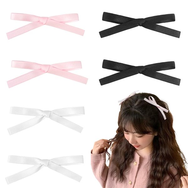 6 Pcs Satin Bowknot Hair Clips Accessories for Women Girls Toddlers Hair Barrettes Teens Kids Ribbon Alligator Hair Bow Clips for Girls Bow Claw Clip Hairpins (Black Pink White)