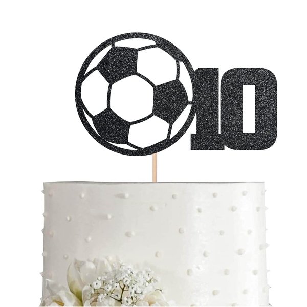 Soccer 10th Birthday Cake Topper Black Glitter Sport Boy Girl 10 Years Birthday Party Supplies, Decorations