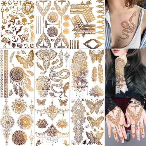 VANTATY 9 Sheets 95+ Patterns Flash Gold Temporary Tattoos For Women, Vintage Indian Tribal Bohemia Lotus Mandala Flower Fake Jewels Tattoo Sleeve For Adults, Glitter Golden Metallic Tatoo Sticker