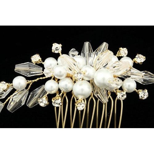 Crystal Pearl Flower Bouquet Bridal Wedding Tiara Hair Comb - Gold Plated Rhinestone Crystals Faux Pearls FC038