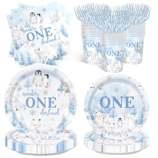 120pcs Winter Onederland Party Plates Napkins Arctic Polar Animals Party Supplies Polar Penguin Birthday Party Tableware for Kids 1st Birthday Party Serve 24 Guests