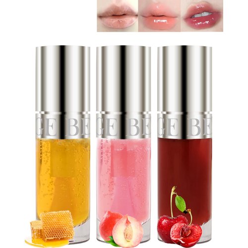 Lip Glow Oil Kit-3 Colors Moisturizing Tinted Lip Gloss,Hydrating Comfort Oil Lipgloss Big Brush Head Lip Tint Stain, Clear Plumping Lipstain,Non-sticky Glow Reviver Lip Care Oil for Women-Set A