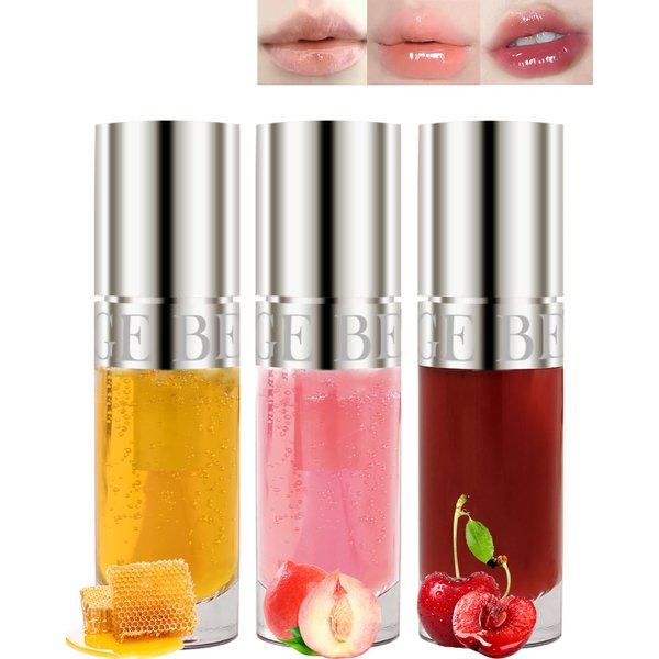 Lip Glow Oil Kit-3 Colors Moisturizing Tinted Lip Gloss,Hydrating Comfort Oil Lipgloss Big Brush Head Lip Tint Stain, Clear Plumping Lipstain,Non-sticky Glow Reviver Lip Care Oil for Women-Set A