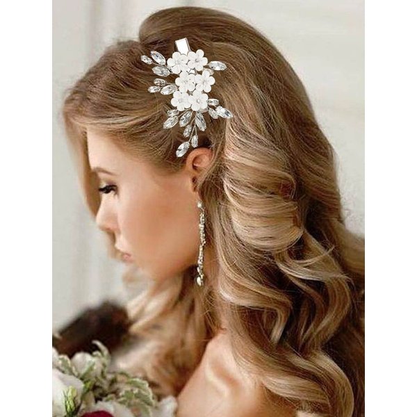 Latious Wedding Bridal Hair Clip Silver Flower Bride Hair Clips Rhinestones Hair Comb Leaf Hair Accessories for Women and Girls